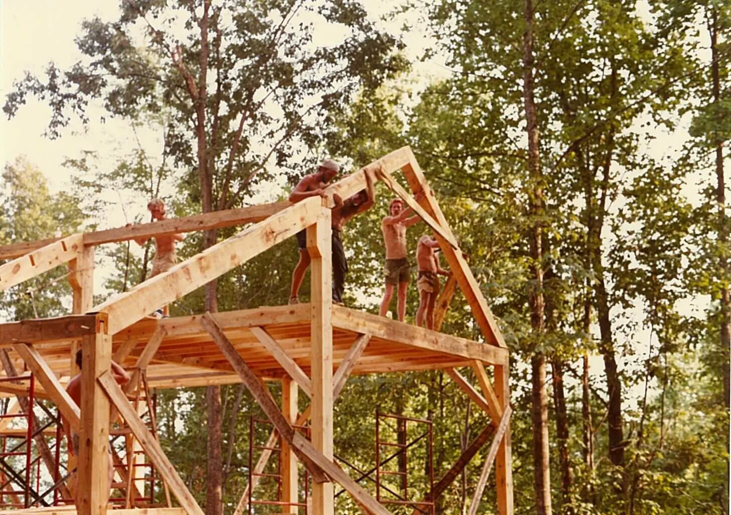 Wooden framework of a small structure under construction in a forested area.